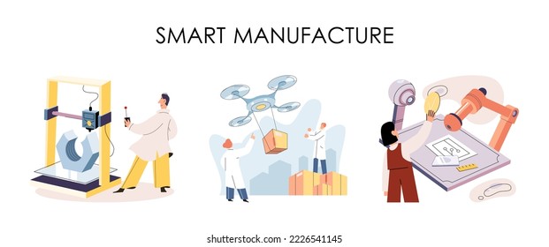 Industria de procesos de fabricación. Robots científicos ensamblando productos. Fabricación inteligente, metáfora de desarrollo de automatización. Diseño de productos de la industria inteligente, producción automatizada, robots y maquinaria 4.0