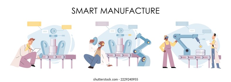 Manufacturing process industry. Scientist robot assembling products. Smart manufacture, automation development metaphor. Smart industry product design, automated production, robots and machinery 4.0