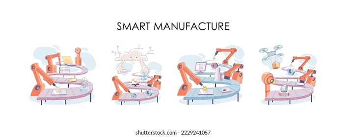 Manufacturing process industry. Scientist robot assembling products. Smart manufacture, automation development metaphor. Smart industry product design, automated production, robots and machinery 4.0