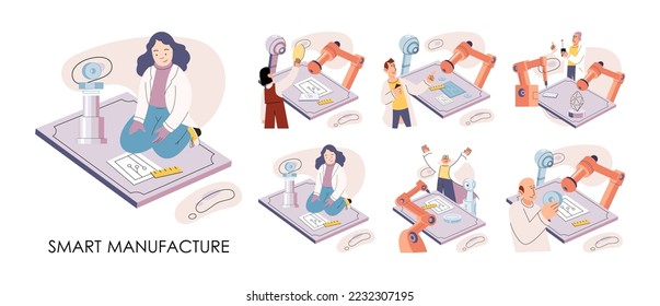 Manufacturing process industry. Scientist robot assembling products. Smart manufacture, automation development metaphor. Smart industry product design, automated production, robots and machinery 4.0