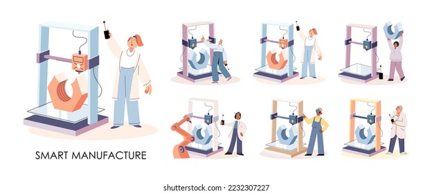 Manufacturing process industry. Scientist robot assembling products. Smart manufacture, automation development metaphor. Smart industry product design, automated production, robots and machinery 4.0