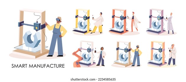 Manufacturing process industry. Scientist robot assembling products. Smart manufacture, automation development metaphor. Smart industry product design, automated production, robots and machinery 4.0