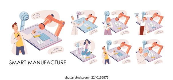 Manufacturing process industry. Scientist robot assembling products. Smart manufacture, automation development metaphor. Smart industry product design, automated production, robots and machinery 4.0