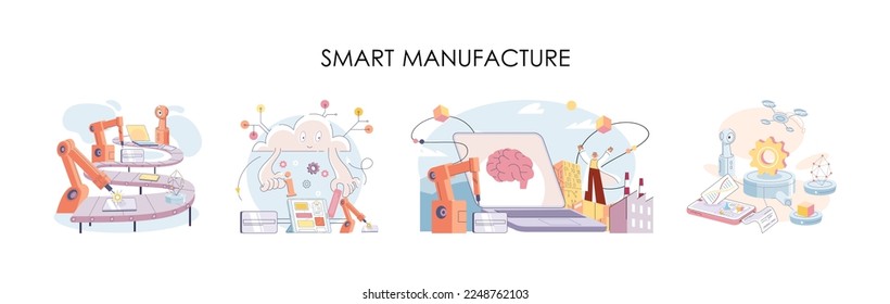 Industria de procesos de fabricación. Robots científicos ensamblando productos. Fabricación inteligente, metáfora de desarrollo de automatización. Diseño de productos de la industria inteligente, producción automatizada, robots y maquinaria 4.0