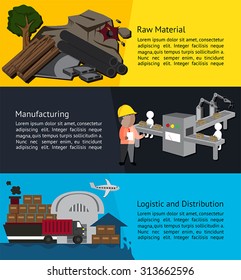 Manufacturing Process Infographic Banner Design From Raw Material Supply To Factory Production Assembly Line And End With Logistic And Delivery Via Transportation For Management Education (vector)