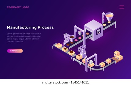 Manufacturing Process Isometric Concept Vector Illustration. Conveyor Belt For Cookies Assembly, Baking, Adding Jam Chocolate And Product Packaging, Production Line Confectionery Factory Purple Banner