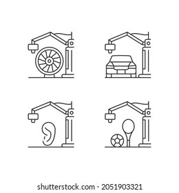 Manufacturing Process Linear Icons Set. 3d Printed Car. Aerospace Industry. Artificial Human Ear. Customizable Thin Line Contour Symbols. Isolated Vector Outline Illustrations. Editable Stroke