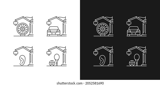 Manufacturing Process Linear Icons Set For Dark And Light Mode. 3d Printed Car. Aerospace Industry. Customizable Thin Line Symbols. Isolated Vector Outline Illustrations. Editable Stroke