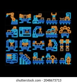Manufacturing Process neon light sign vector. Glowing bright icon  Manufacturing Conveyor Car And Products, Factory Computer Settings And Robot Arm Illustrations