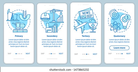 Manufacturing process onboarding mobile app page screen with linear concepts. Primary, secondary, tertiary, quaternary walkthrough steps graphic instructions. UX, GUI vector template with icons