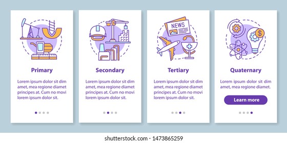 Manufacturing process onboarding mobile app page screen with linear concepts. Primary, secondary, tertiary, quaternary walkthrough steps graphic instructions. UX, UI, GUI vector template with icons