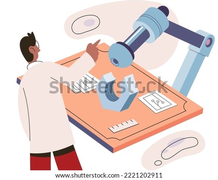 Manufacturing process at production industry, high-precision equipment performs work according to drawings. Engineer works with automated technology. Technical and science innovation, development
