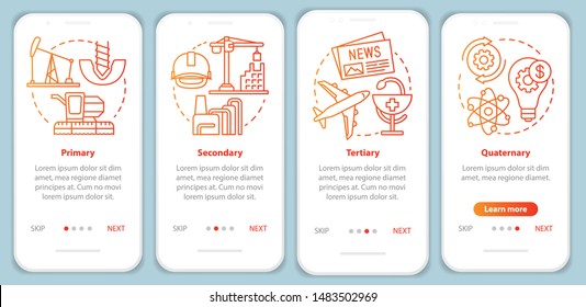 Manufacturing process red onboarding mobile app page screen vector template. Primary, secondary, tertiary. Walkthrough website steps with linear icons. UX, UI, GUI smartphone interface concept