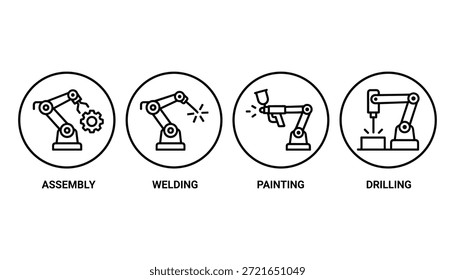 Proceso de fabricación con iconos de robot establecidos. Incluyendo el montaje de brazo robótico, soldadura, pintura e iconos de proceso de perforación.