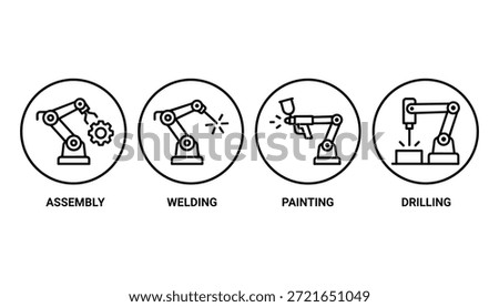 Manufacturing process with robot icons set. Including robotic arm assembly, welding, painting, and drilling process icons.