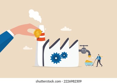 Manufacturing or production to earn profit, industry or factory, make money machine or manufacture concept, businessman put money into factory to earn more profit from production.