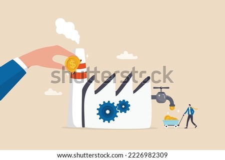 Manufacturing or production to earn profit, industry or factory, make money machine or manufacture concept, businessman put money into factory to earn more profit from production.