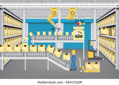 Manufacturing Production, Food Process Industry With Box, Automated Machine I.e. Conveyor Belt, Production Line, Robot Inside Factory Plant, Warehouse. Include Operator, Forklift. Vector Illustration.