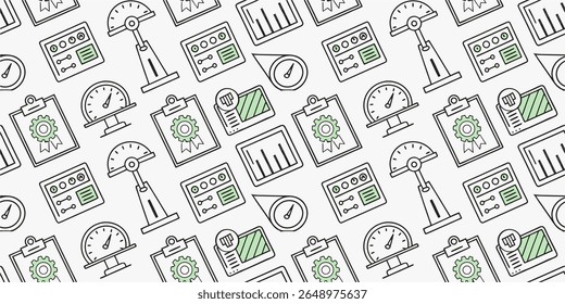 Manufacturing Quality Control Pixel Background.Seamless pattern focused on quality control systems in manufacturing. Contains elements of measuring equipment, inspection systems and quality certificat