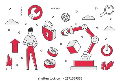 Manufacturing robot arm. Industrial automatic equipment, factory machinery vector monocolor illustration