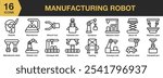 Manufacturing Robot icon set. Includes boom lift, container, conveyor belt, industrial, machine, and More. Outline icons vector collection.