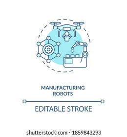 Manufacturing robots concept icon. Future digital life helpers. Smart computers creation method. AI application idea thin line illustration. Vector isolated outline RGB color drawing. Editable stroke