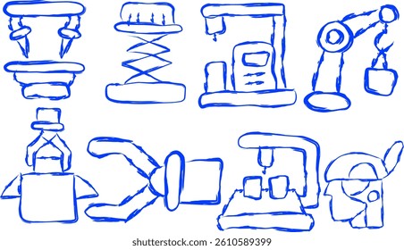 Manufacturing Robots icons collection in doodle style. hand drawn icons of boom lift, container, conveyor belt, industry, machine