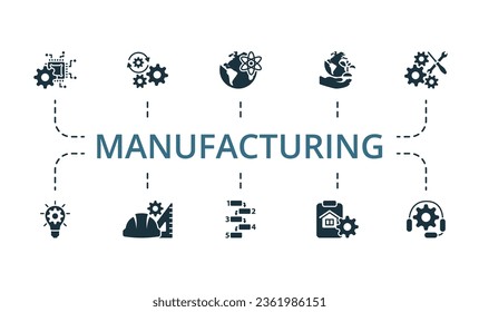 Manufacturing set. Creative icons: mechatronics, automatic, geophysical, environmental, mechanical, innovative engineering, engineering development, planning, blueprint, tech support.