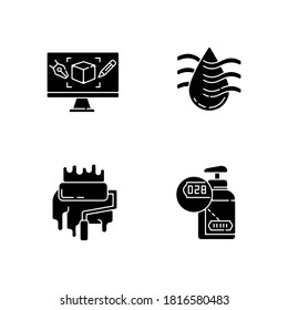 Manufacturing stages black glyph icons set on white space. Computer aided design, product painting, drying and serial numbering silhouette symbols. Production processes. Vector isolated illustrations