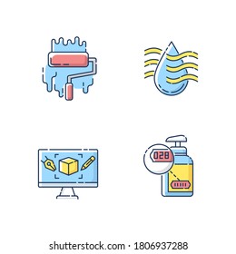 Manufacturing stages RGB color icons set. Computer aided design, product painting, drying and serial numbering. Production processes. Isolated vector illustrations