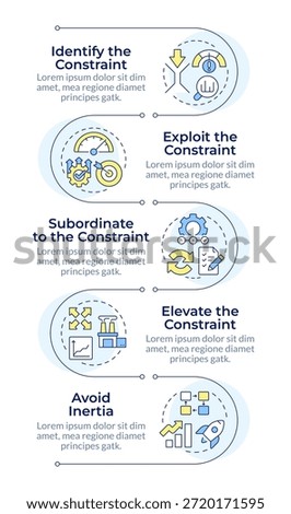 Manufacturing system methodology infographic vertical sequence. Process improvement. Visualization infochart with 5 steps. Circles workflow