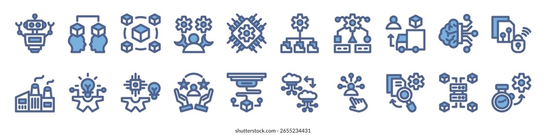 Conjunto de Ícones Azuis dos Sistemas de Fabricação. Inclui robô, gêmeo digital, cadeia de blocos, mecânico, tecnologia, gerenciamento de dados, algoritmo e muito mais. Ilustração de vetor simples.