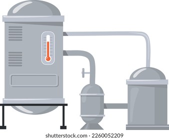 Tanque de fabricación. Máquina hirviendo. Proceso de fábrica de destilación aislado en fondo blanco