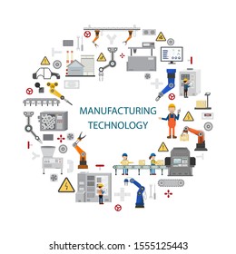 Manufacturing technology concept with machine and equipment flat design vector illustration