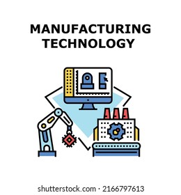 Concepto de icono de vectores de tecnología de fabricación. Transmisor Robótico De Brazos Y Plantas, Equipo De Automatización Y Software Industrial Informático, Ilustración De Color De La Tecnología De Fabricación De Fábricas Modernas