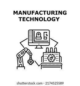 Manufacturing Technology Vector Icon Concept. Robotic Arm And Plant Conveyor, Computer Industrial Software And Automation Equipment, Modern Factory Manufacturing Technology Black Illustration