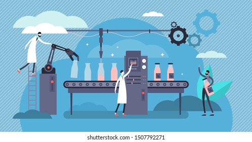 Manufacturing vector illustration. Tiny production factory persons concept. Industrial goods construction and making with heavy machinery and high tech arm. Conveyor process with labor and tools.