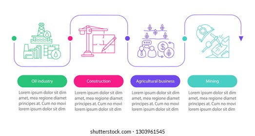 Manufacturing vector infographic template. Oil industry, construction, farming, mining. Business presentation design. Data visualization steps and options. Process timeline chart. Workflow layout