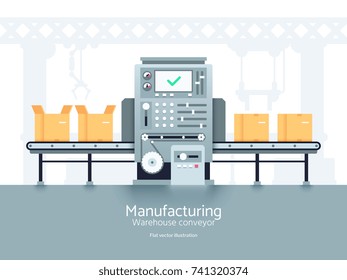 Manufacturing warehouse conveyor. Assembly production line flat vector industrial concept. Conveyor production factory, illustration of manufacturing machine belt line