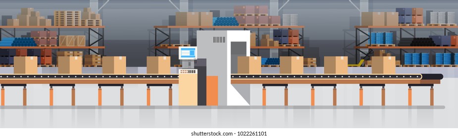 Manufacturing Warehouse Conveyor, Modern Assembly Production Line Industrial Conveyor Production Flat Vector Illustration