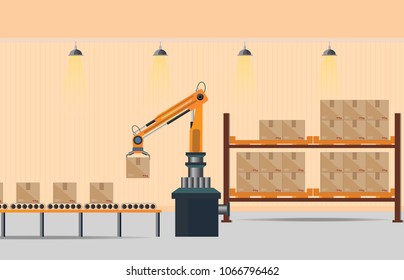 Manufacturing Warehouse Conveyor, Modern Assembly Production Line Industrial, Robot working with conveyor belt inside factory, Flat Vector Illustration.