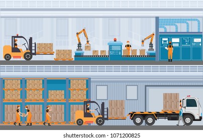 Manufacturing Warehouse Conveyor, Modern Assembly Production Line Industrial,warehouse, freight transportation and professional workers, smart factory in Flat Vector illustration.