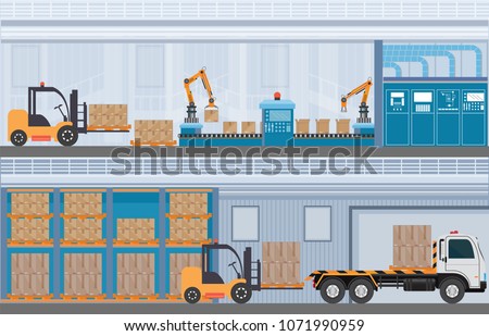 Manufacturing Warehouse Conveyor, Modern Assembly Production Line Industrial,warehouse, freight transportation and professional workers, smart factory in Flat Vector illustration.