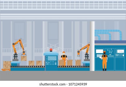 Manufacturing Warehouse Conveyor with workers, robots and assembly line Industrial, Robot working with conveyor belt inside factory, Flat Vector Illustration.