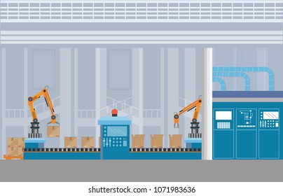 Manufacturing Warehouse Conveyor With Workers, Robots And Assembly Line Industrial, Robot Working With Conveyor Belt Inside Factory, Flat Vector Illustration.