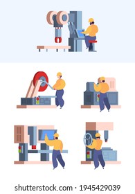 Manufacturing workers. Engineers and operational persons working on industrial metallic machines fabric technology heavy production garish flat illustrations