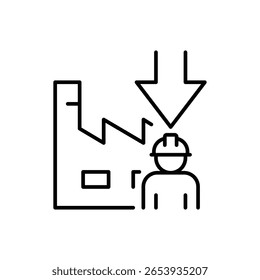 Manufacturing Workforce Decline Icon. Outline Style. Vector. Factory with Down Arrow and Single Worker. Labor Shortage Crisis. Staff Reduction in Industry. Employee Drop and Productiv