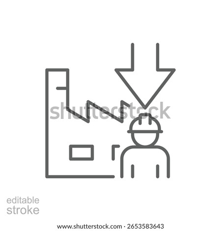 Manufacturing Workforce Decline Icon. Outline Style. Editable Stroke Vector. Factory with Down Arrow and Single Worker. Labor Shortage Crisis. Staff Reduction in Industry. Employee Drop and Productiv