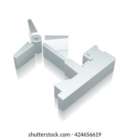 Manufacuring icon: 3d metallic Windmill with reflection on White background, EPS 10 vector illustration.