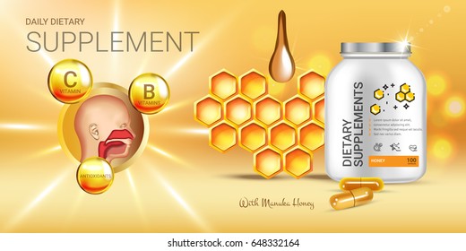 Manuka Honey dietary supplement ads. Vector Illustration with honey supplement contained in bottle and honey elements. Horizontal banner.